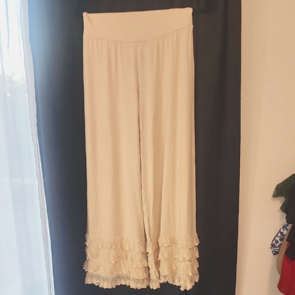 Cream Wide-Leg Pants with Lace Trim
